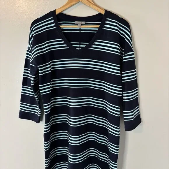 Talbots UPF 50+ Navy Striped Dress 3/4 Sleeve Cotton Modal V-neck Size Medium - Picture 2 of 8